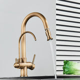 Antyczna mosiężna bateria kuchenna 2-w-1 z funkcją filtra