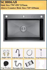 ObsidianFlow Pro – Czarny Zlewozmywak Kuchenny ze Stali Nierdzewnej 304 z Wyciąganą Baterią 360° i Wbudowanymi Akcesoriami