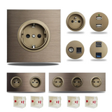 Gniazdo Ścienne Aluminiowe Szczotkowane Brązowe Wielofunkcyjne – Gniazdo Schuko z USB i RJ45 | Montaż Podtynkowy | Nowoczesna Instalacja