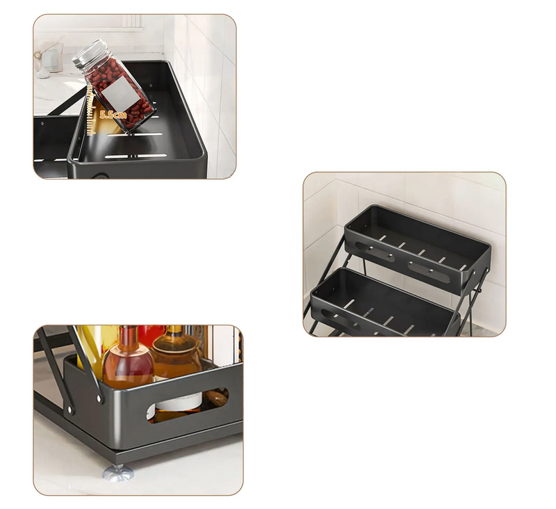 SpiceTower 3-poziomowy Składany Stojak Kuchenny – Metalowy Stojak na Przyprawy & Organizer Narożny – Wolnostojący, Solidny & Stylowy Czarny