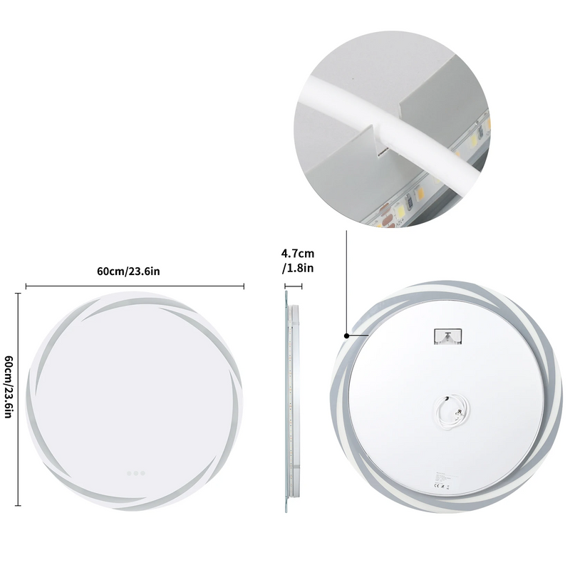 GlowRound Antykondensacyjny LED Lustro Łazienkowe – Okrągłe HD Lustro Ścienne z Oświetleniem (3 Kolory Światła)