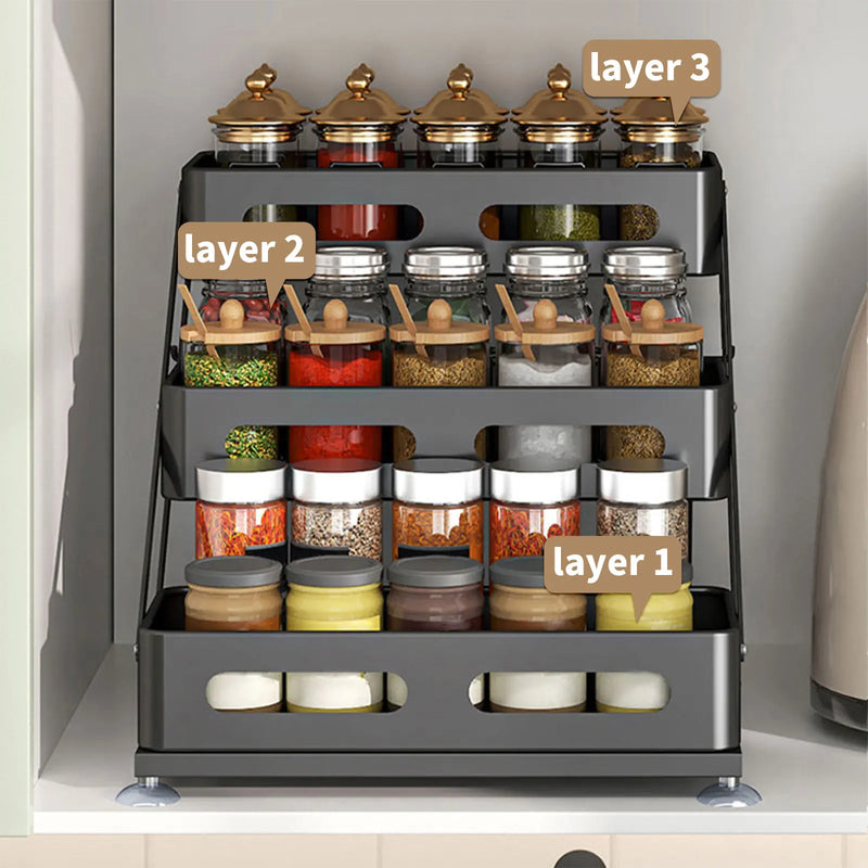 SpiceTower 3-poziomowy Składany Stojak Kuchenny – Metalowy Stojak na Przyprawy & Organizer Narożny – Wolnostojący, Solidny & Stylowy Czarny