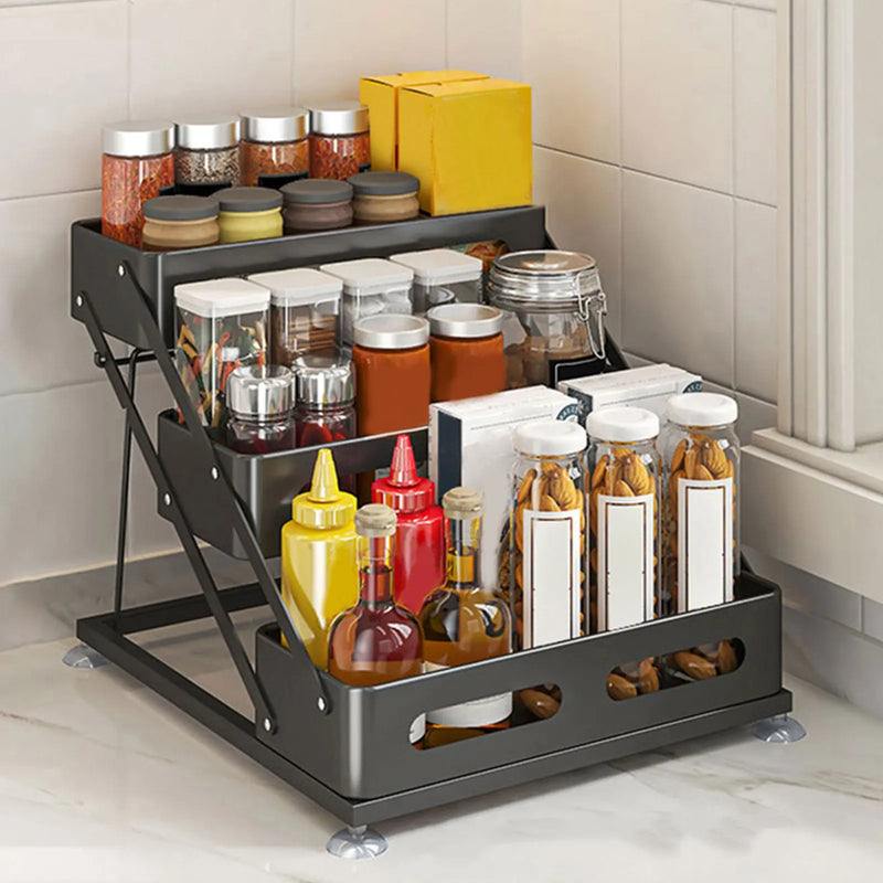 SpiceTower 3-poziomowy Składany Stojak Kuchenny – Metalowy Stojak na Przyprawy & Organizer Narożny – Wolnostojący, Solidny & Stylowy Czarny