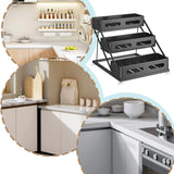 SpiceTower 3-poziomowy Składany Stojak Kuchenny – Metalowy Stojak na Przyprawy & Organizer Narożny – Wolnostojący, Solidny & Stylowy Czarny