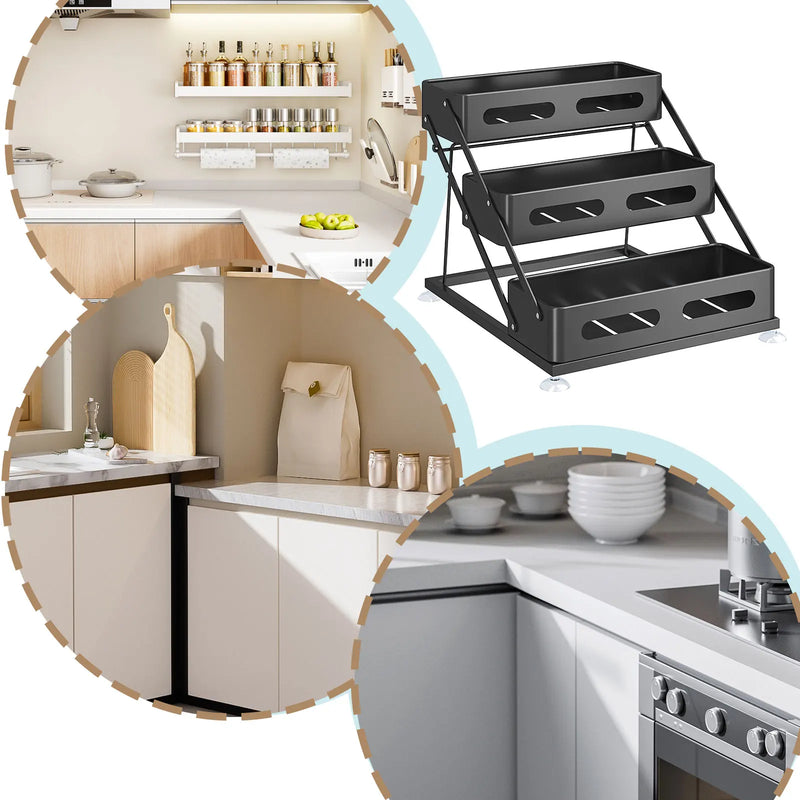 SpiceTower 3-poziomowy Składany Stojak Kuchenny – Metalowy Stojak na Przyprawy & Organizer Narożny – Wolnostojący, Solidny & Stylowy Czarny