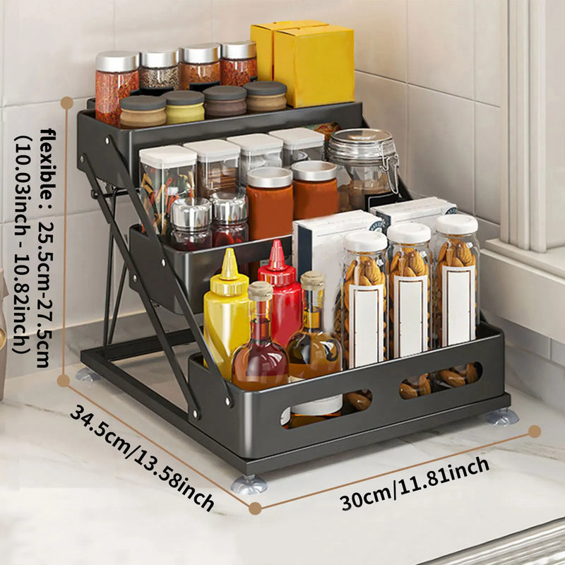 SpiceTower 3-poziomowy Składany Stojak Kuchenny – Metalowy Stojak na Przyprawy & Organizer Narożny – Wolnostojący, Solidny & Stylowy Czarny