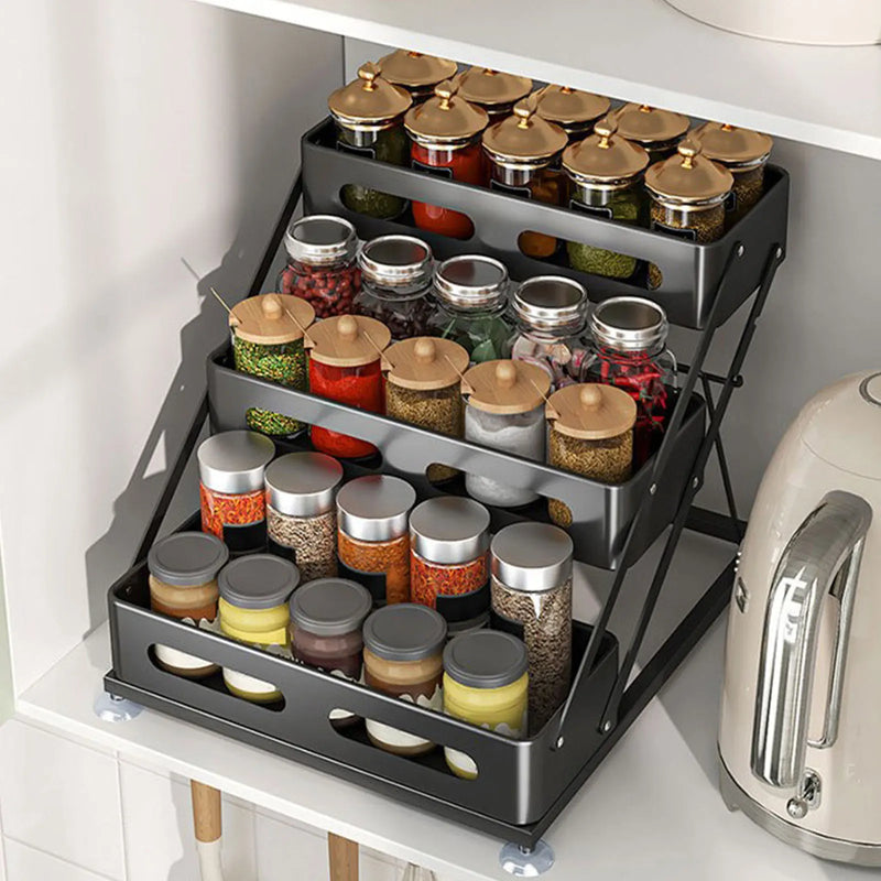SpiceTower 3-poziomowy Składany Stojak Kuchenny – Metalowy Stojak na Przyprawy & Organizer Narożny – Wolnostojący, Solidny & Stylowy Czarny