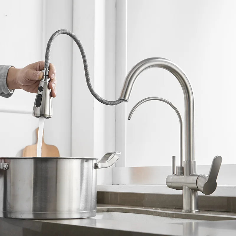 Dotykowy Kran Łazienkowy – Wysuwany | Chrom | Podwójna Uchwyt | Zimna i Ciepła Woda