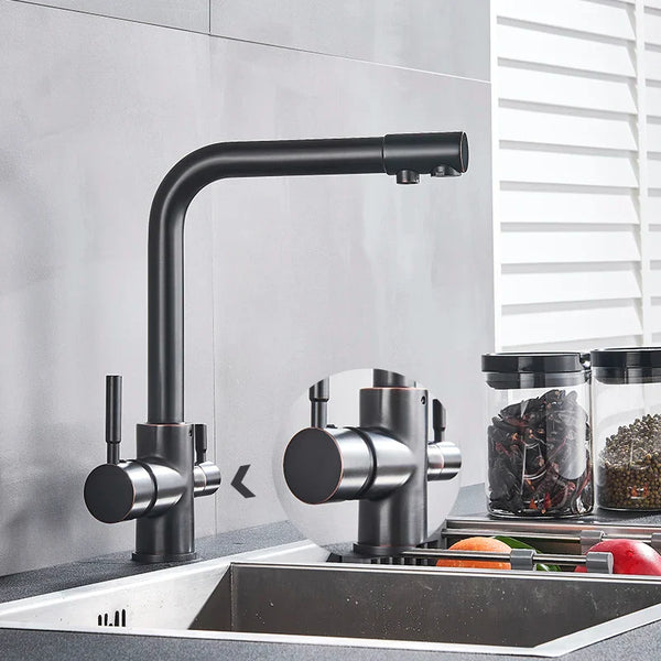 Kran kuchenny z funkcją filtrującą – Pojedyncza dźwignia | Chrom/Czarny | Ciepła i zimna woda | Montowany w blacie