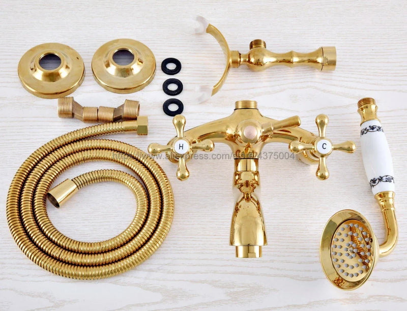 Luksusowy Złoty Mosiądz Bateria Łazienkowa – Montaż Ścienny z Ręcznym Prysznicem