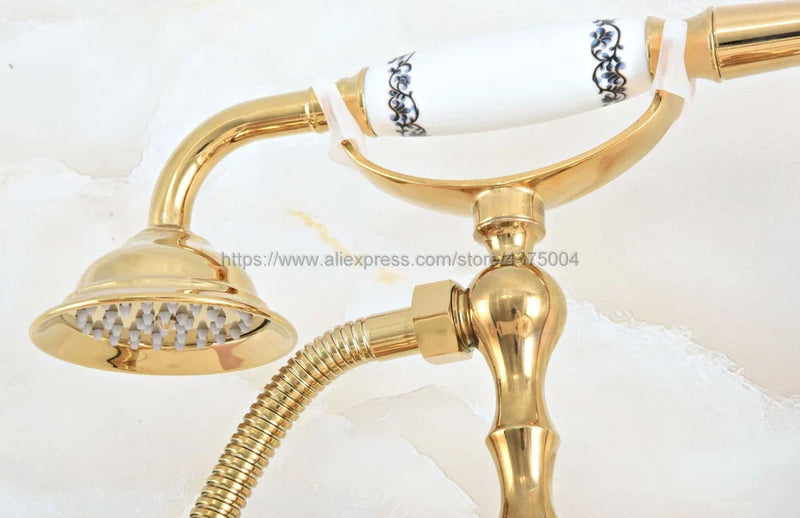 Luksusowy Złoty Mosiądz Bateria Łazienkowa – Montaż Ścienny z Ręcznym Prysznicem