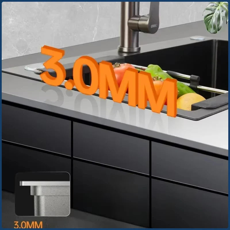 Luksusowy Czarny Wielofunkcyjny Zlewozmywak Kuchenny – 304 Stal Nierdzewna | 68 lub 75 cm | Z Latającym Deszczem Wysuwaną Baterią & Akcesoriami