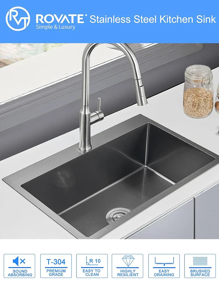 Czarna Zlewozmywak Kuchenny – Jednokomorowy | Montaż Nakładany | Stal Nierdzewna 304 | Głębokość 9 Cali