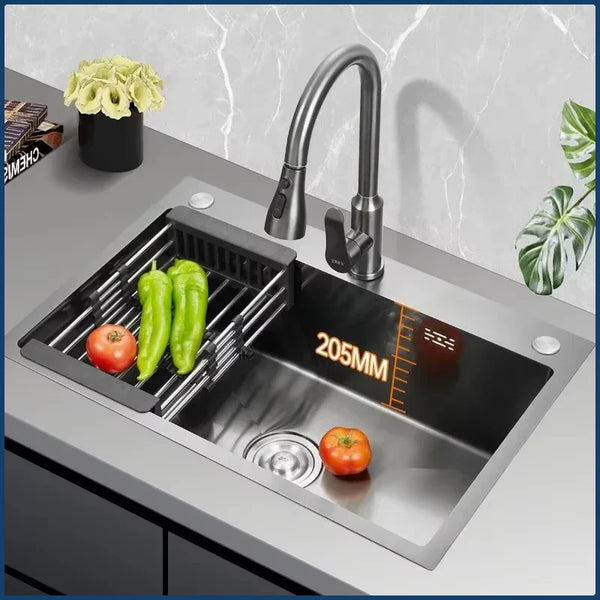 Luksusowy Czarny Wielofunkcyjny Zlewozmywak Kuchenny – 304 Stal Nierdzewna | 68 lub 75 cm | Z Latającym Deszczem Wysuwaną Baterią & Akcesoriami