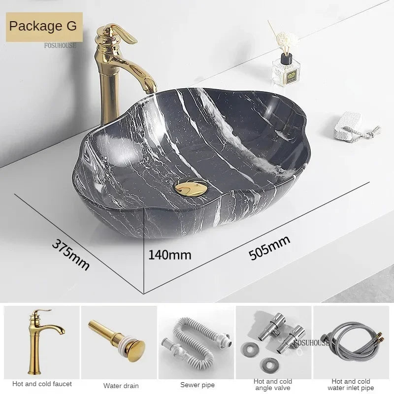 Owale Ceramiczne Umywalki z Wzorem Marmuru – Model Blatu | Lekki Luksusowy Design | 12L