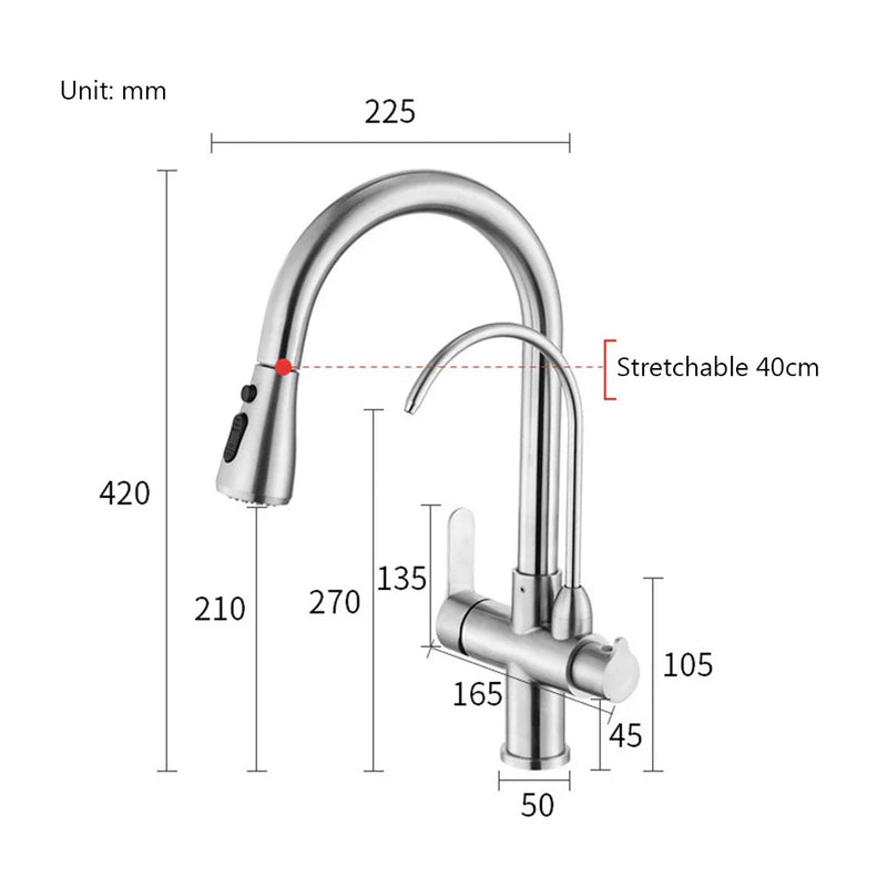 Wolnostojący Kran Kuchenny – Podwójna Gałka | Szlifowany Nierdzewny | Ciepła i Zimna Woda