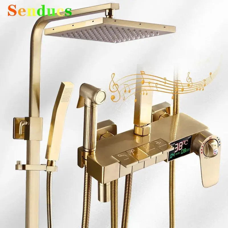 Termostatyczny Zestaw Prysznicowy – Szczotkowane Złoto | Mosiądz i ABS | Regulowana Wysokość | Kwadratowa Deszczownica 20 cali