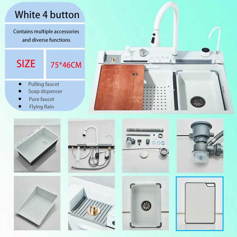 Luksusowy Zlewozmywak ze Stali Nierdzewnej z Cyfrową Baterią – 75x45 cm | Gun Grey | Montaż Blatowy | Spływ Kaskadowy i Dozownik do Mydła