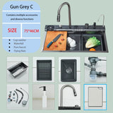 Luksusowy Zlewozmywak ze Stali Nierdzewnej z Cyfrową Baterią – 75x45 cm | Gun Grey | Montaż Blatowy | Spływ Kaskadowy i Dozownik do Mydła