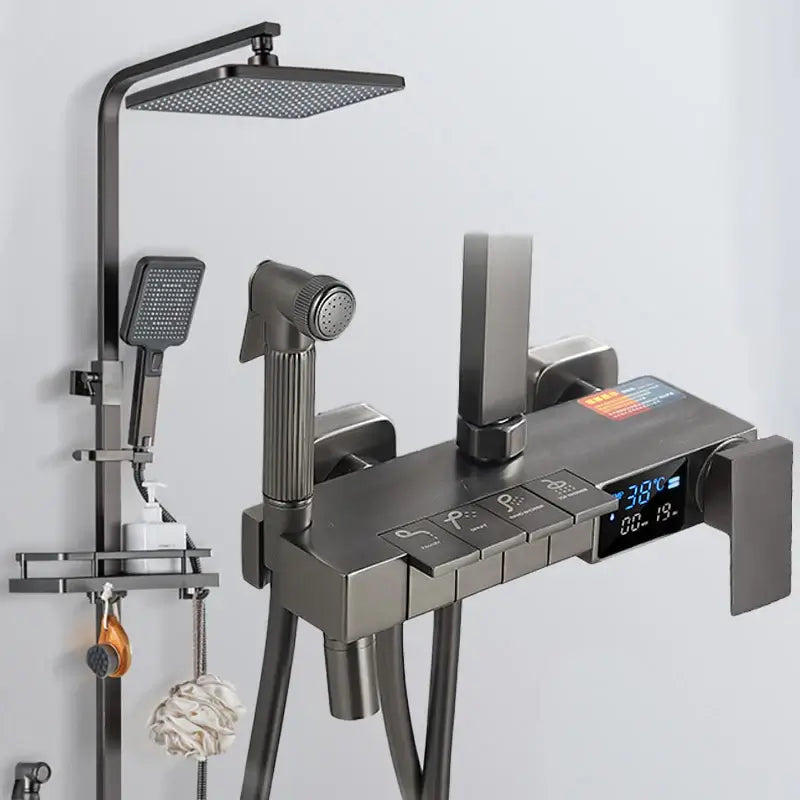 Termostatyczny Zestaw Prysznicowy – Szczotkowane Złoto | Mosiądz i ABS | Regulowana Wysokość | Kwadratowa Deszczownica 20 cali