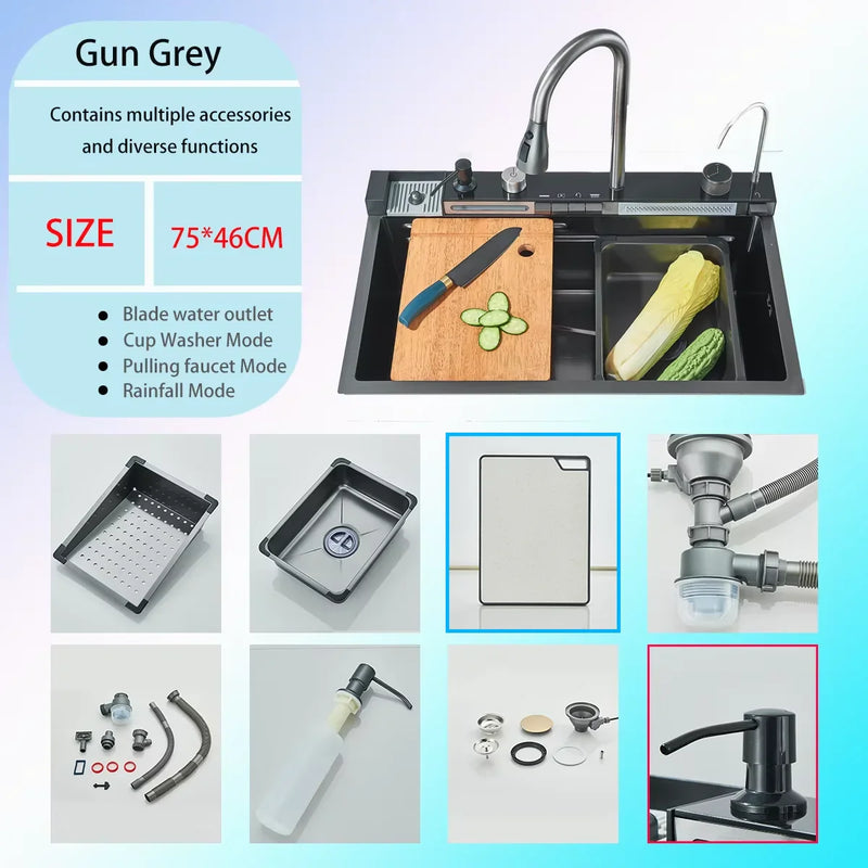 Luksusowy Zlewozmywak ze Stali Nierdzewnej z Cyfrową Baterią – 75x45 cm | Gun Grey | Montaż Blatowy | Spływ Kaskadowy i Dozownik do Mydła