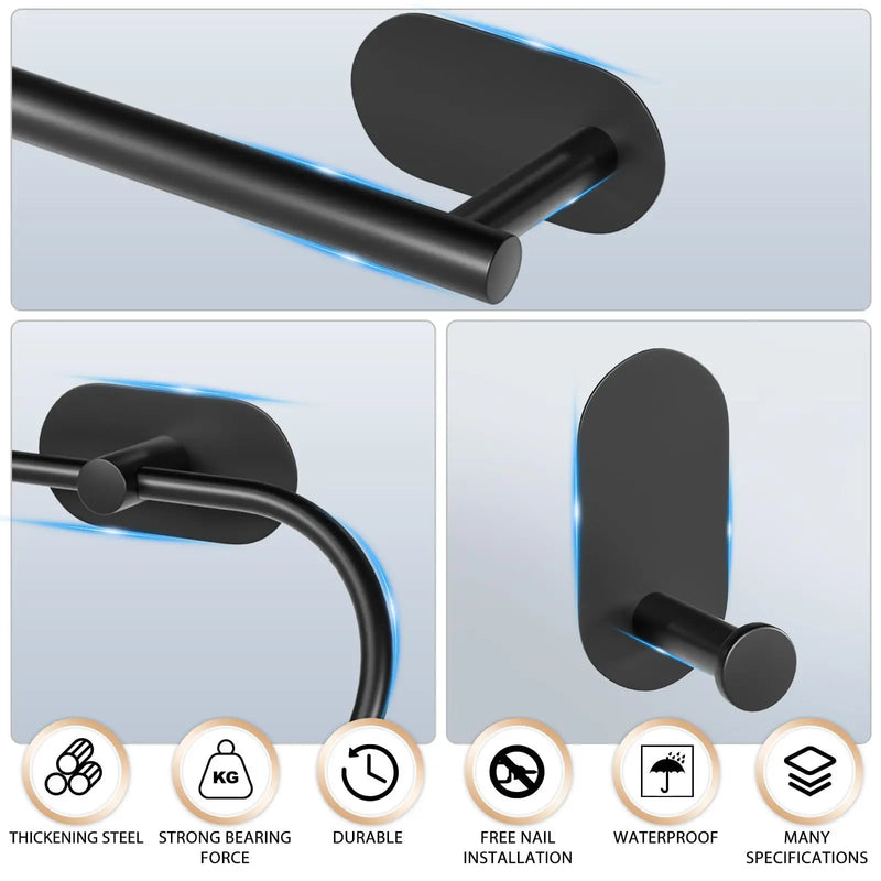 Samoprzylepny zestaw akcesoriów łazienkowych ze stali nierdzewnej – Bez wiercenia | Wykończenie szczotkowe | Metalowy montaż