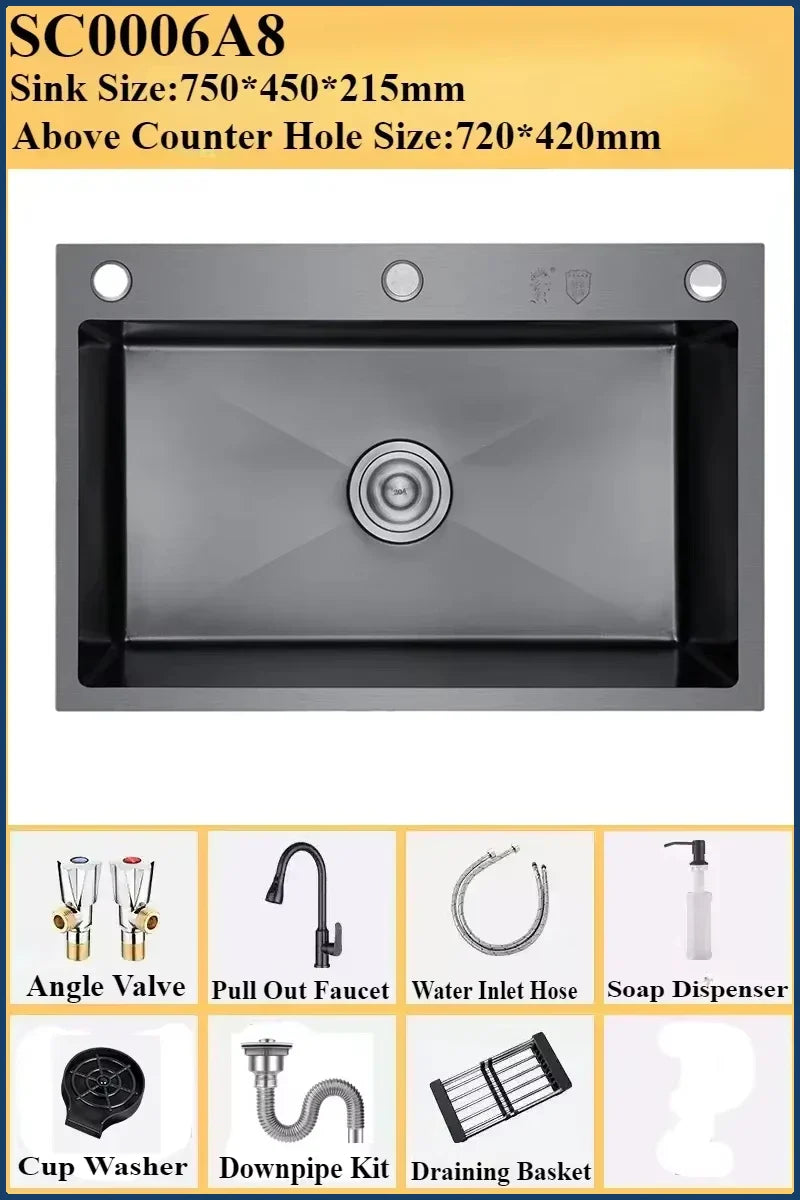 Luksusowy Czarny Wielofunkcyjny Zlewozmywak Kuchenny – 304 Stal Nierdzewna | 68 lub 75 cm | Z Latającym Deszczem Wysuwaną Baterią & Akcesoriami