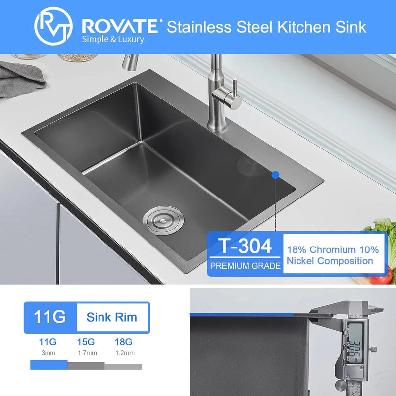 Czarna Zlewozmywak Kuchenny – Jednokomorowy | Montaż Nakładany | Stal Nierdzewna 304 | Głębokość 9 Cali