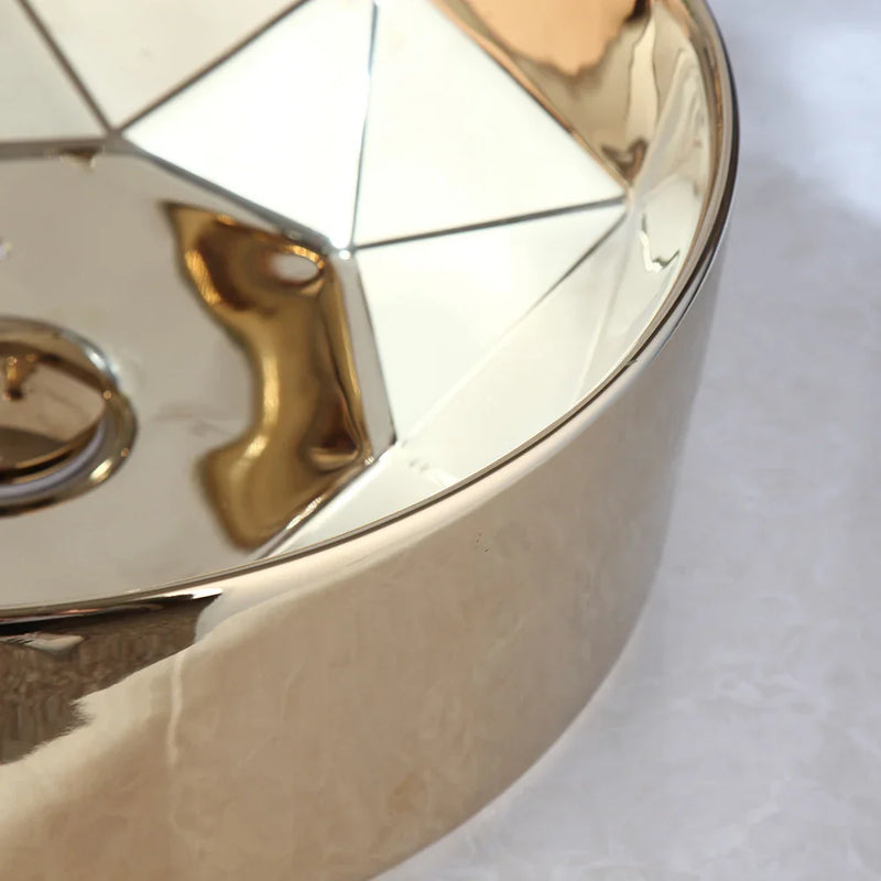 Luksusowa Ręcznie Malowana Ceramiczna Umywalka ze Złotym Kranem – Okrągła | Model Stojący | W zestawie Zawór Pop-up