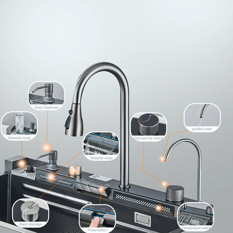 Luksusowy Zlewozmywak ze Stali Nierdzewnej z Cyfrową Baterią – 75x45 cm | Gun Grey | Montaż Blatowy | Spływ Kaskadowy i Dozownik do Mydła