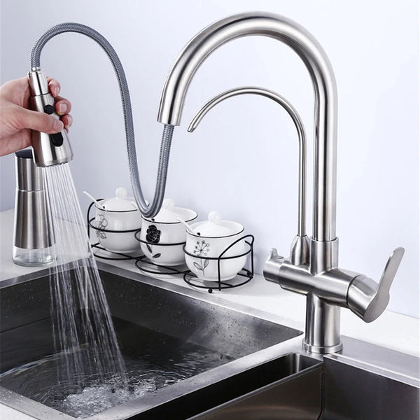 Wolnostojący Kran Kuchenny – Podwójna Gałka | Szlifowany Nierdzewny | Ciepła i Zimna Woda