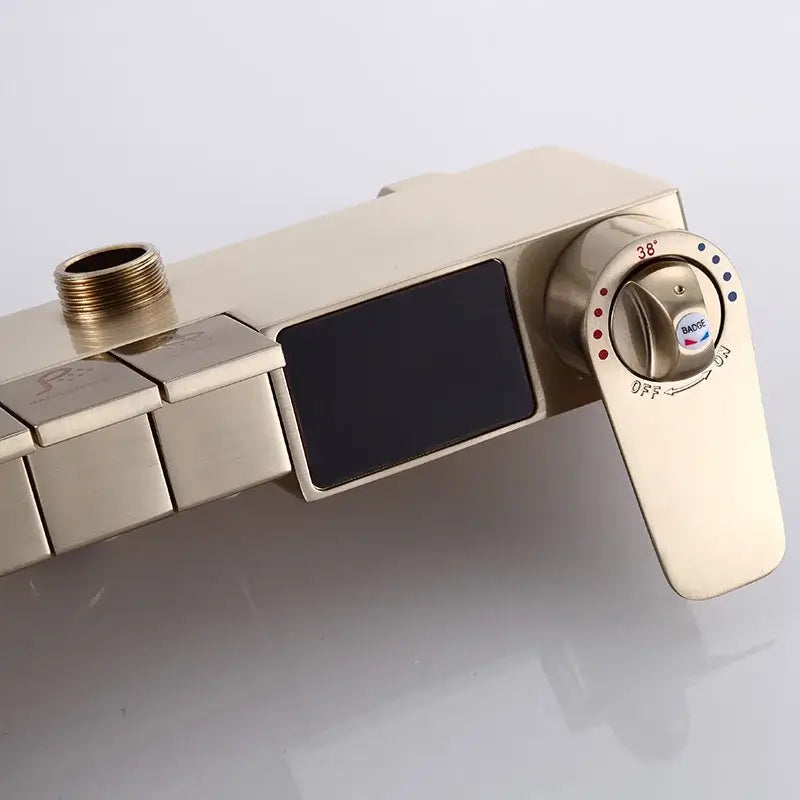 Termostatyczny Zestaw Prysznicowy – Szczotkowane Złoto | Mosiądz i ABS | Regulowana Wysokość | Kwadratowa Deszczownica 20 cali