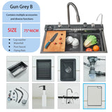 Luksusowy Zlewozmywak ze Stali Nierdzewnej z Cyfrową Baterią – 75x45 cm | Gun Grey | Montaż Blatowy | Spływ Kaskadowy i Dozownik do Mydła