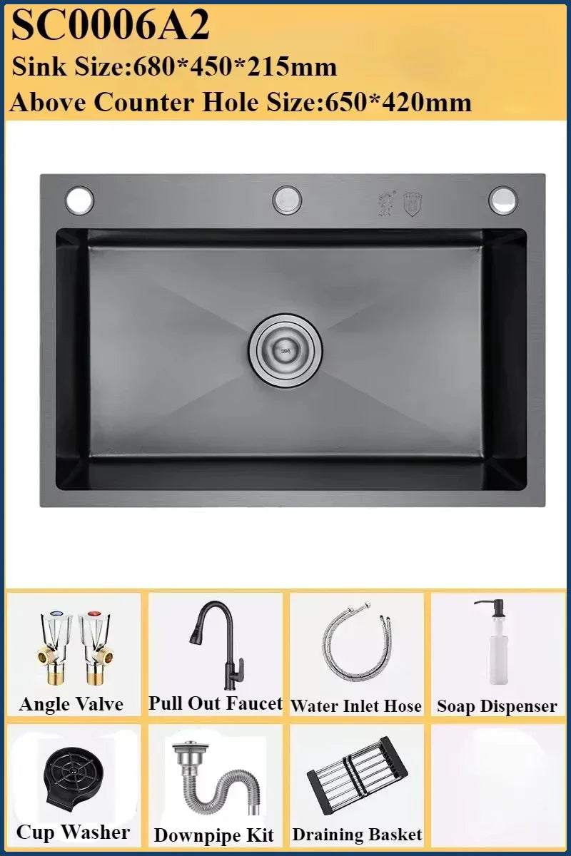 Luksusowy Czarny Wielofunkcyjny Zlewozmywak Kuchenny – 304 Stal Nierdzewna | 68 lub 75 cm | Z Latającym Deszczem Wysuwaną Baterią & Akcesoriami