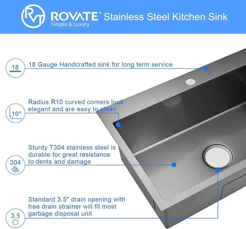 Czarna Zlewozmywak Kuchenny – Jednokomorowy | Montaż Nakładany | Stal Nierdzewna 304 | Głębokość 9 Cali