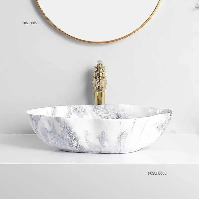 Owale Ceramiczne Umywalki z Wzorem Marmuru – Model Blatu | Lekki Luksusowy Design | 12L