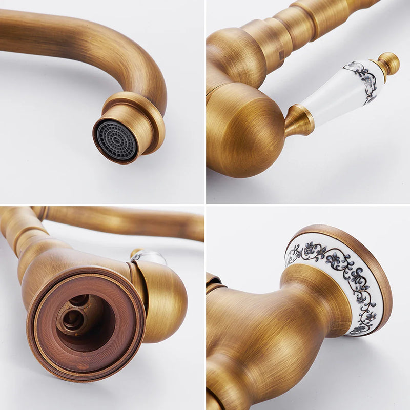 Antyczna Mosiądzowa Bateria Kuchenna z Ceramiczną Dźwignią – 360° Obrotowa | Tradycyjny Design