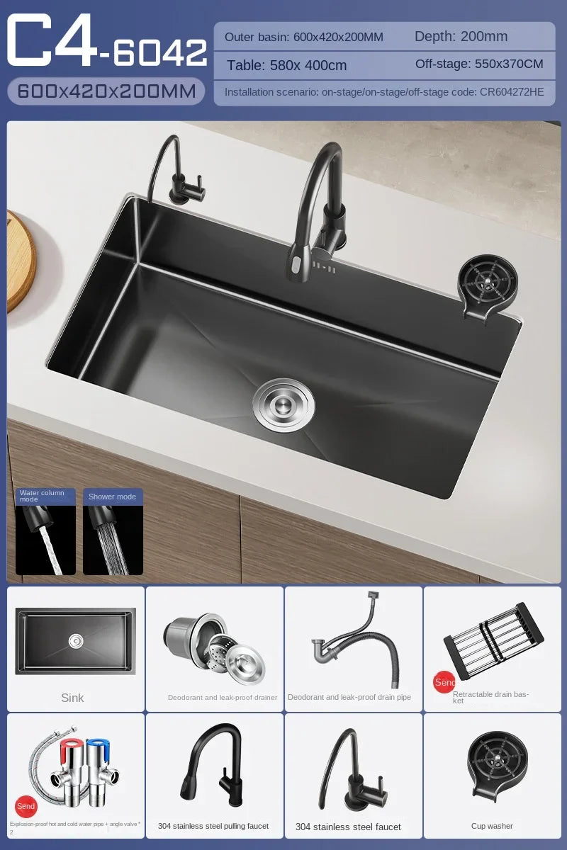 Nowoczesny Czarny Zlewozmywak ze Stali Nierdzewnej z Baterią – Elegancja i Funkcjonalność w Twojej Kuchni