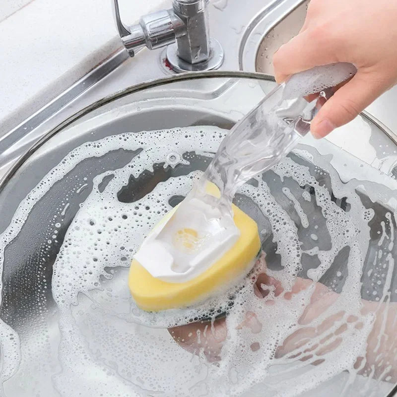 Zestaw do mycia naczyń z gąbką i dozownikiem mydła | W zestawie rączka + 2 wymienne głowice z gąbką