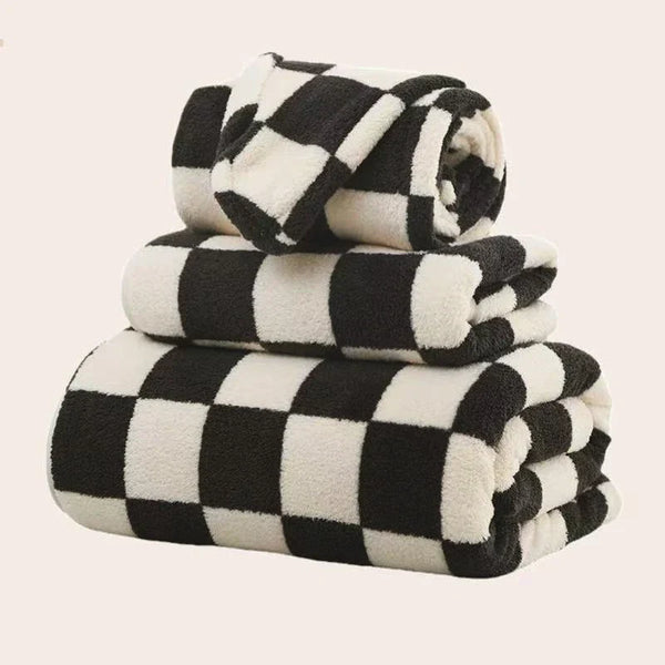 Zestaw Ręczników w Czarno-Białą Kratę | 100% poliester