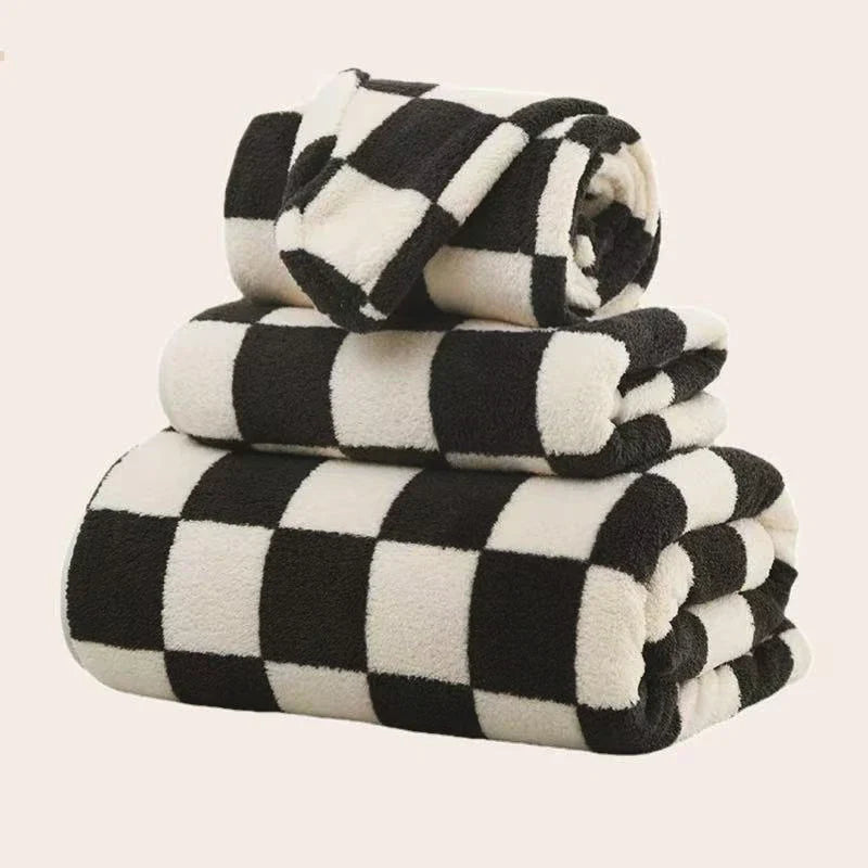 Zestaw Ręczników w Czarno-Białą Kratę | 100% poliester