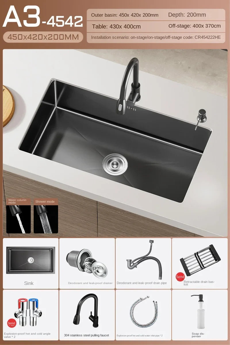 Nowoczesny Czarny Zlewozmywak ze Stali Nierdzewnej z Baterią – Elegancja i Funkcjonalność w Twojej Kuchni