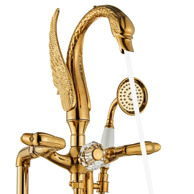 Klasyczny Złoty Kran Łazienkowy i Prysznicowy – Podwójna Gałka | Montaż Ścienny | Mosiądz | W zestawie węże