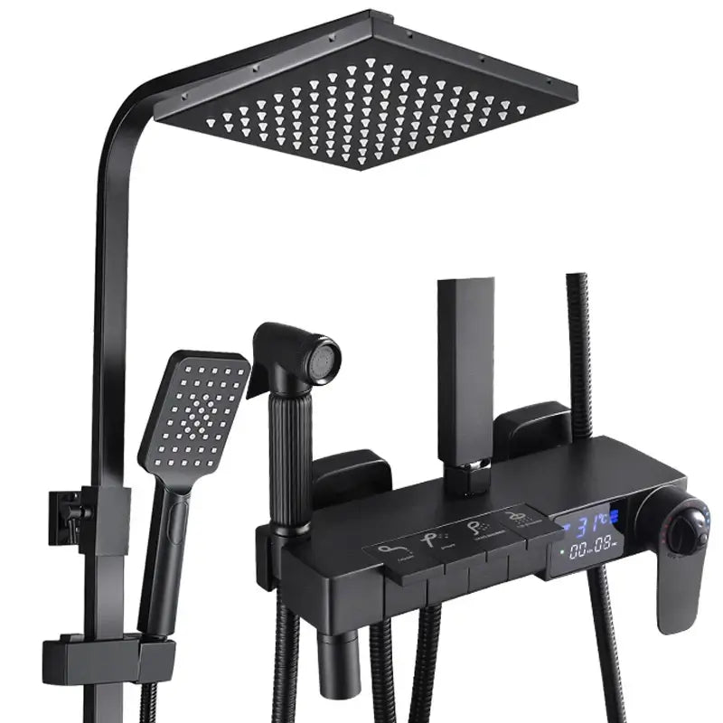 Termostatyczny Zestaw Prysznicowy – Szczotkowane Złoto | Mosiądz i ABS | Regulowana Wysokość | Kwadratowa Deszczownica 20 cali