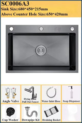 Luksusowy Czarny Wielofunkcyjny Zlewozmywak Kuchenny – 304 Stal Nierdzewna | 68 lub 75 cm | Z Latającym Deszczem Wysuwaną Baterią & Akcesoriami