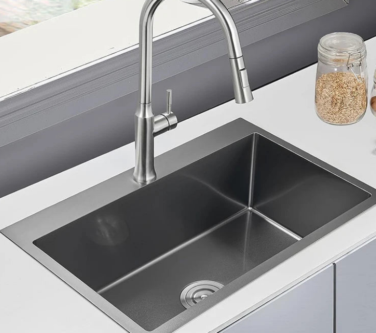 Czarna Zlewozmywak Kuchenny – Jednokomorowy | Montaż Nakładany | Stal Nierdzewna 304 | Głębokość 9 Cali