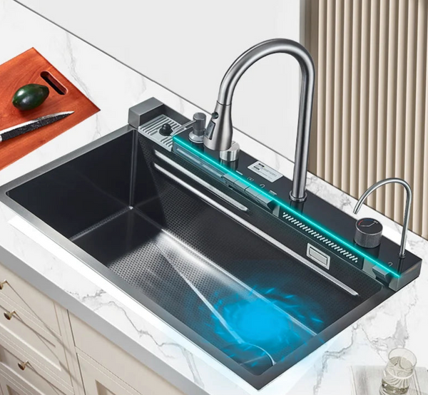 Luksusowy Zlewozmywak ze Stali Nierdzewnej z Cyfrową Baterią – 75x45 cm | Gun Grey | Montaż Blatowy | Spływ Kaskadowy i Dozownik do Mydła