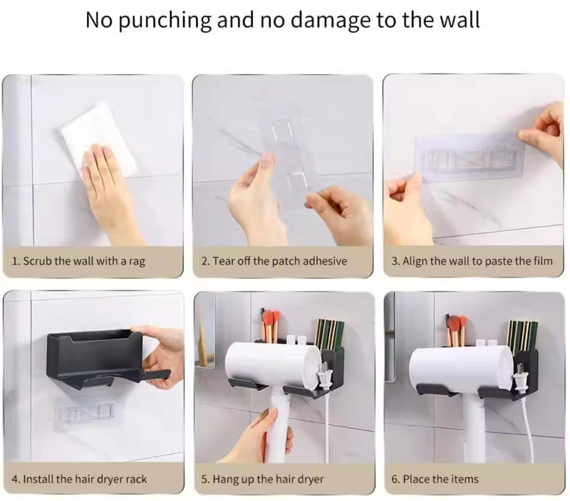 Wielofunkcyjny uchwyt do suszarki – Montaż naścienny | Bez wiercenia | Z miejscem na wtyczki | Tworzywo ABS