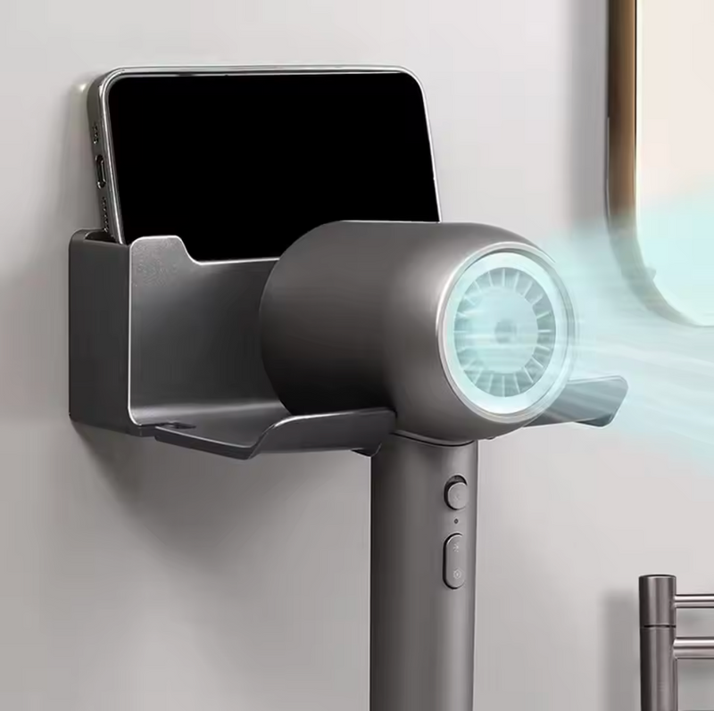 Wielofunkcyjny uchwyt do suszarki – Montaż naścienny | Bez wiercenia | Z miejscem na wtyczki | Tworzywo ABS