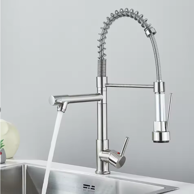 Wysuwana Bateria Kuchenna | Niklowane Złoto | Ciepła i Zimna Woda | Pojedyncza Gałka